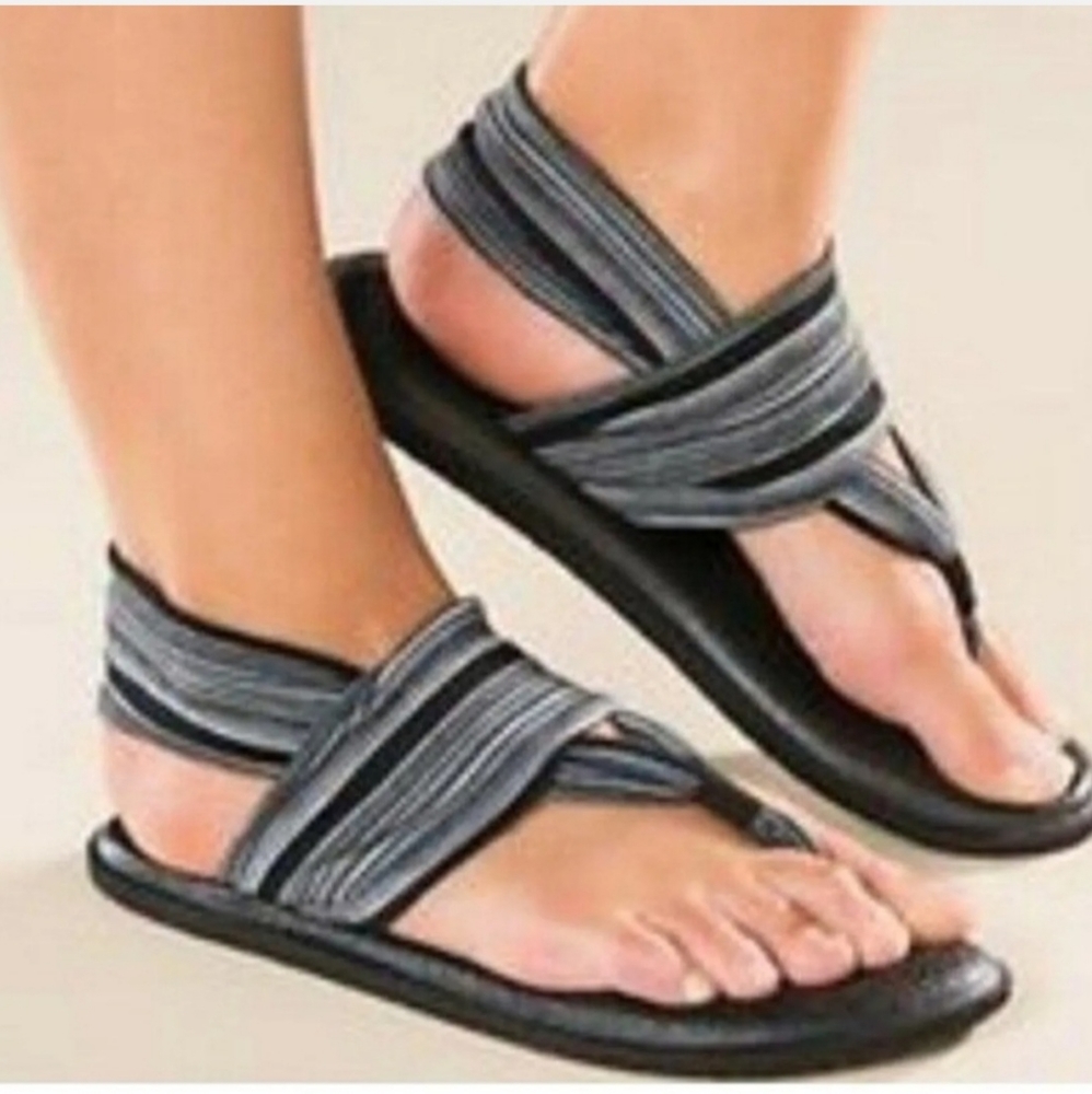 Sanuk Yoga Sling Black Striped Casual Flat Thong Sandal Women's Size 6 Comfort